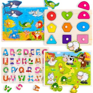 Wooden Peg Puzzles for Toddlers 2 3 4 Year Old, 4 Pack Montessori Toys Preschool Learning Puzzles for Toddlers 1-3 with Animals, Shapes, Alphabet, Wooden Toddler Toys Gifts for Kids Boys Girls - Image 1