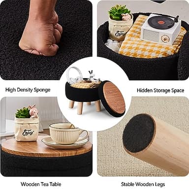 Wimarsbon Storage Ottoman, Modern Round Footrest with Soft Padded Seat, Teddy Velvet Footstool with Wood Legs, Accent Small Table or Plant Stand for Hallway, Living Room (Black) - Image 4
