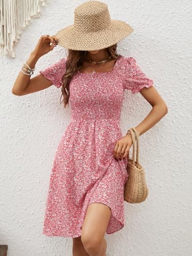 Berydress Women's Short Sleeve Dress with Pockets Square Neck Floral Mini Sundress Summer Casual Boho Smocked Dresses 2025 (S,6203-Pink Flower) - Image 6