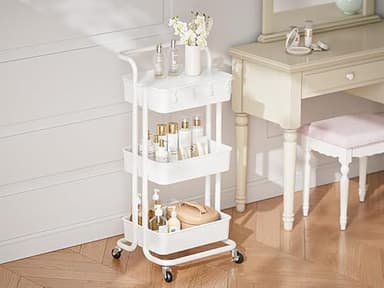 Pipishell 3 Tier Rolling Cart with Table Top, Utility Cart with Wheels & 4 Hooks, Rolling Storage Cart for Home Storage and Organization, White, PIUC09W - Image 2