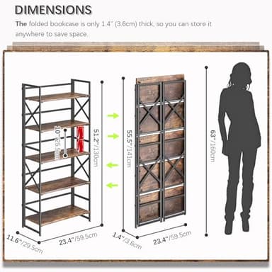 4NM 5 Tiers No Assembly Book Shelves, 51.2" H Folding Bookshelf Bookcase Open Industrial Foldable Shelves for Bedroom, Living Room, Home Office - Rustic Brown Black - Image 2