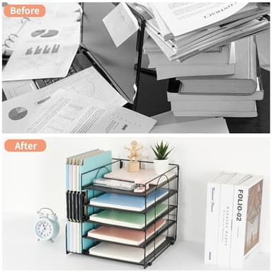 AUPSEN Desk Organizer with File Holder, 5 Trays Paper Letter Tray Organizer, Mesh Desk Organizers and Accessories for Home Office (Black) - Image 2