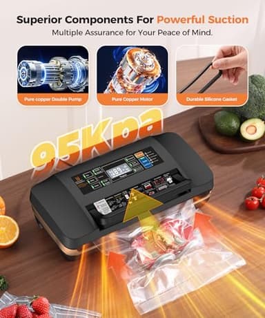 95kpa Vacuum Sealer Machine,Commercial Full Automatic Food Sealer,Powerful Sealing System with Double Heat Seal,Bags Storage,Easy-Lock Handle,Build-in Cutter,1 Bag Rolls and 10 pcs Pre-cut Bags（Black） - Image 3