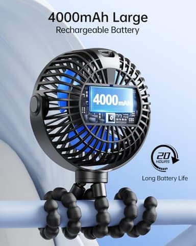 SWEETFULL Portable Stroller Fan with Display 4000mAh Battery Powered Mini Clip On Fan, 4-Speed Rechargeable Small Personal Cooling for Baby Car Seat Crib Travel - Black - Image 4