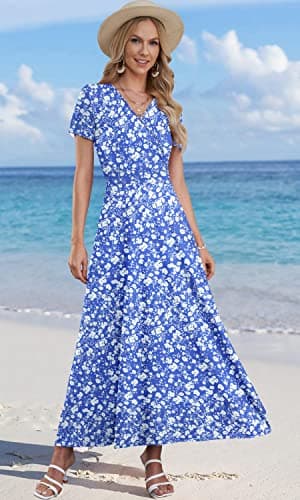 AUSELILY Long Casual Dress for Women Empire Waist Graduation Spring Short Sleeve Maxi Floral Dress S - Image 4