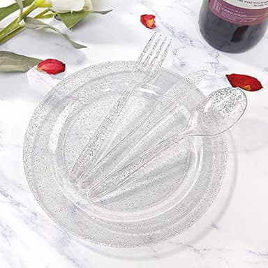 WDF 120PCS Silver Plastic Plates- Disposable Silver Glitter Plates, Premium Heavy Duty 60-10.25" Dinner Plates and 60-7.5" Salad Plates for Parties &Wedding - Image 3