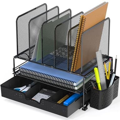 SIMPLE HOUSEWARE Mesh Desk Organizer with Sliding Drawer, Double Tray and 5 Upright Sections, Black - Image 5