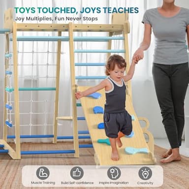 Upgraded Indoor Playground 9-in-1 Jungle Gym Kids Climbing Toys, Montessori Philosophy Waldorf Style Wooden Climber Playset with Slide, Swing, Monkey Bars, Upright/Rope Ladder, Climb Net, Blue - Image 6