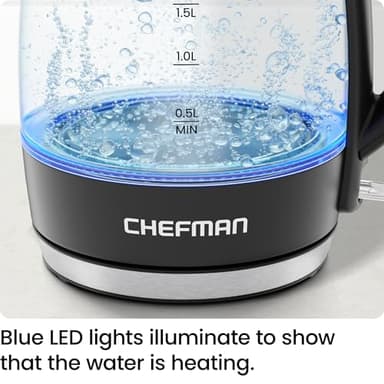 Chefman Electric Kettle, 1.8L 1500W, Hot Water Boiler, Removable Lid for Easy Cleaning, Auto Shut Off, Boil-Dry Protection, Stainless Steel Filter, BPA Free, Borosilicate Glass Electric Tea Kettle - Image 4