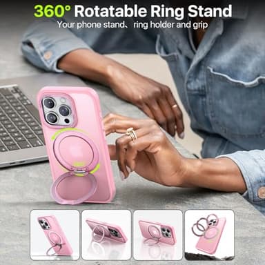 QTlier case for iPhone 15promax, 360 Rotatable Ring Stand, Raised Camera Frame, Shockproof with MagSafe Pink - Image 5