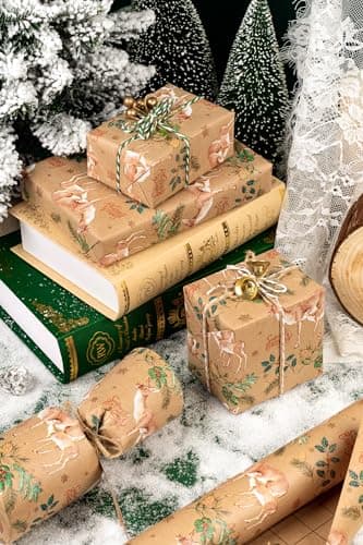 WRAPAHOLIC Kraft Christmas Wrapping Paper - Mini Roll - 17 Inch x 33 Feet - Reindeer Wrapping Paper with Holly Design for Christmas, Holiday, Party Celebration - Image 8