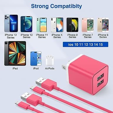 Apple MFi Certified USB Wall Charger - 10 FT Lightning Cable, 2 Ports Charging Plug Block Box for iPhone 12/11/XR/X/Xs/Xr/8/7/6/6s Plus/SE/5c/iPad - Pink - Image 5