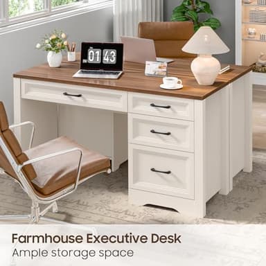 Vabches Farmhouse Executive Desk with Storage and Ample File Drawer, Rustic Large Home Writing Desk for Bedroom, White - Image 5