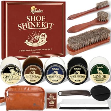Kakalsa Shoe Shine Kit, Mens Gifts Ideas - 15PCS All-inclusive Leather Cleaner and Conditioner Kit with Saddle Soap, Mink Oil, Shoe Polishes, Shoe Brushes, Shine Sponge and more - Image 1