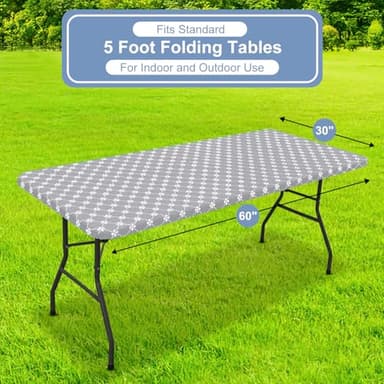 misaya Rectangle Vinyl Table Cloth, Elastic Fitted Tablecloth with Flannel Backing, Waterproof Plastic Table Cover Fits 5 Foot Folding Tables for Camping, Indoor and Outdoor (Light Grey, 30" x 60") - Image 7