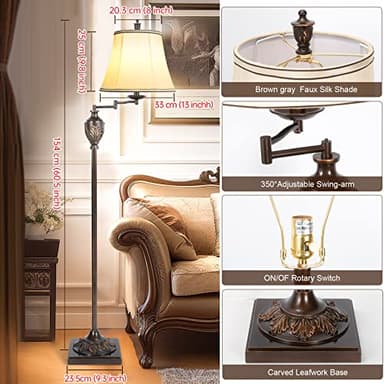 Traditional LED Floor Lamp with 350° Adjustable Swing Arm Lamp – Vintage Standing Pole lamp for Living Room, Bedroom and Office – Rustic Upright Floor Light for Home Décor with Faux Silk Fabric Shade - Image 2