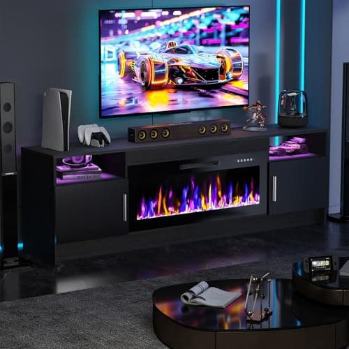 Ludatido 70 Inch TV Stand with 36 inch Electric Fireplace 27 LED Light Entertainment Center for TVs Up to 80" Black Modern Wood Media TV Console with Highlight Cabinet for Living Room Black - Image 1