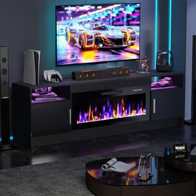 Ludatido 70 Inch TV Stand with 36 inch Electric Fireplace 27 LED Light Entertainment Center for TVs Up to 80" Black Modern Wood Media TV Console with Highlight Cabinet for Living Room Black - Image 1