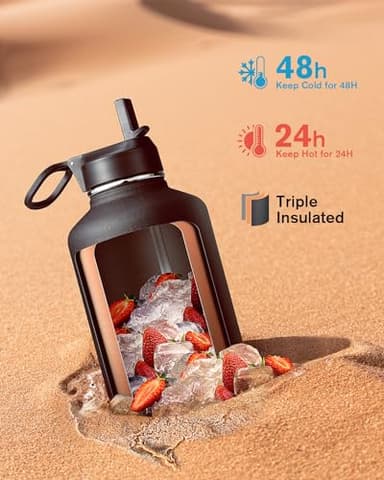 64 oz Water Bottle Insulated with Straw & 3 Lids, Coolflask Large Metal Stainless Steel Water Jug Big Half Gallon Wide Mouth for Sports, Gym or Office, Non-BPA Keep Cold 48H Hot 24H, Magic Black - Image 2