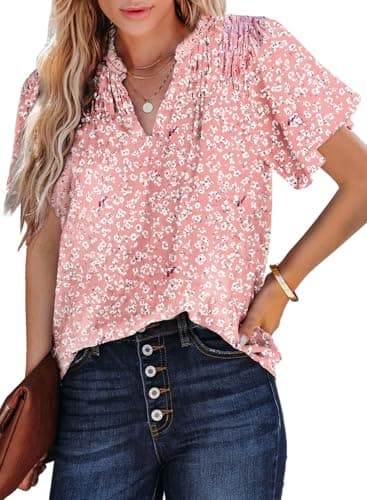 SHEWIN Womens Blouses 2025 Casual Short Sleeve Shirts V Neck Blouse Flowy Cute Summer Tops for Women Pink Medium - Image 8