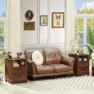 18" Farmhouse Night Stands Set of 2 with Charging Station, 2 Drawers End Table Dresser for Bedroom, Brown Wooden Nightstand, Bed Side Table with Open Shelf, Bedside Cabinet for Living Room - Image 3