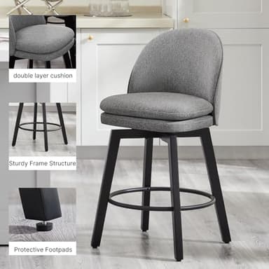 Counter Height Barstools 26 inch Upholstered Swivel Bar Stools with Back and Wood Legs for Kitchen Island,Set of 4,Dark Grey Fabric-Armless - Image 4