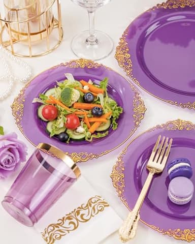 Nervure 350PCS Purple Plastic Plates - Purple Plastic Dinnerware Sets for 50 Guests - 100 Disposable Plates, 150 Gold Silverware, 50 Cups, 50 Napkins for Wedding & Party - Image 7
