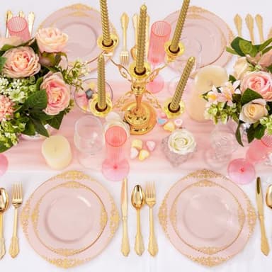 Joyido 125PCS Pink and Gold Plastic Plates - Pink Disposable Plates - Vintage Plate with Gold Plastic Silverware Set for 25 Guests for Weddings Parties - Image 5