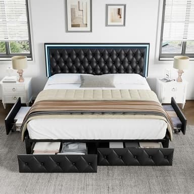 Keyluv Queen Upholstered LED Bed Frame with 4 Drawers, Pu Leather Platform Storage Bed with Adjustable Button Tufted Headboard and Solid Wooden Slats Support, No Box Spring Needed, Black - Image 3