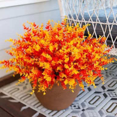 Artificial Fake Fall Autumn Eucalyptus Plants Flowers for Outdoor Outside Decoration, Faux Silk Orange Boxwood Look Real UV Resistant for Home Porch Patio Planter Decor，12 Bundles - Image 3