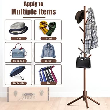 Haddockway Wooden Coat Rack Stand with 8 Hooks New Zealand Pine 3 Adjustable Coat Standing Tree Easy Assembly for Coats, Hats, Scarves and Handbags for Entryway, Hallway, Bedroom, Office - Image 6