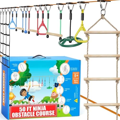 Ninja Warrior Obstacle Course for Kids – 2 x 50 ft Slacklines with 10 Weatherproof Obstacles – Monkey Net, Ratchet-Tight Technology, Supports Up to 880 lbs – Climbing & Swinging Equipment - Image 1