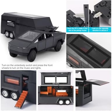 1/32 Alloy Car Trucks Toy Pickup Trailer RV Model Kit with Beach Motorcycle, Diecast Alloy Metal RV Car Model Toys with Sound Light and Pull Back Power,Christmas Birthday Gift for Boy Girl-Black - Image 6