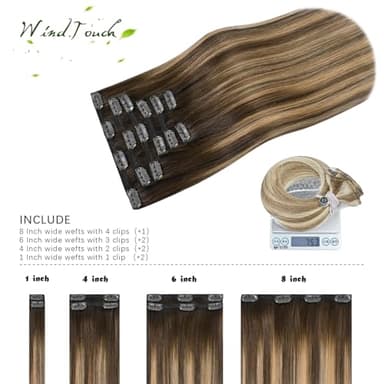 WindTouch Clip in Hair Extensions Real Human Hair Balayage Chocolate Brown To Dark Blonde Ombre Highlights for Brown 75g 22Inch 7PCS #4T27P4 - Image 3