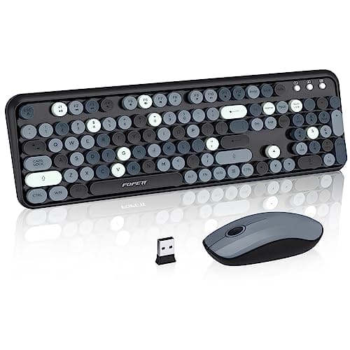 Keyboard and Mouse Wireless,Cute Retro Wireless Keyboard Mouse Combo with Round Key,2.4Ghz Dropout-Free Connection,Typewriter Keyboard Mouse Set for PC Laptop Desktop Computer-Grey Colorful - Image 1