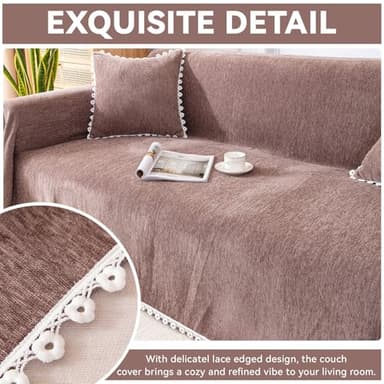 VClife Couch Cover Modern Brown Couch Covers for 2 Cushion Couch Sofa - Washable Chenille Sofa Cover with Lace for Living Room Office RV Bedroom (71"X118") Gift for Christmas Thanksgiving Birthday - Image 4