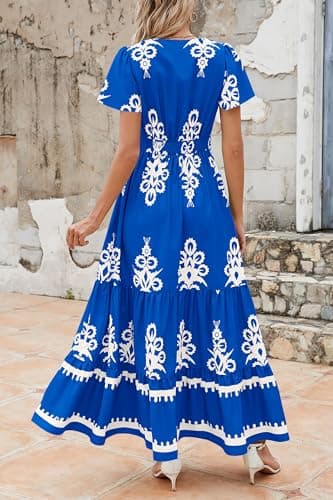PRETTYGARDEN Womens 2025 Summer Casual V Neck Boho Maxi Dress Flowy Aline Bell Sleeve Tiered Floral Dresses with Pocket (Floral Royal Blue White,Medium) - Image 2
