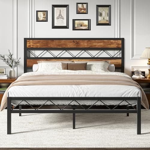 VECELO Full Size Bed Frame with Headboard, Heavy-Duty Platform Bedframe with Metal Slats Support, No Box Spring Needed, Easy Assembly, Black & Brown - Image 1