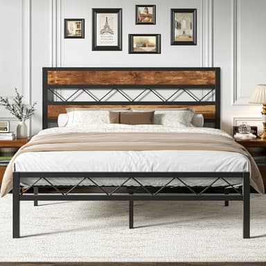 VECELO Full Size Bed Frame with Headboard, Heavy-Duty Platform Bedframe with Metal Slats Support, No Box Spring Needed, Easy Assembly, Black & Brown - Image 1