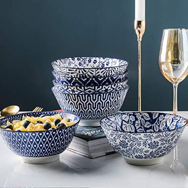 Selamica Blue and White Porcelain 20oz Cereal Bowl Set - Set of 6, 6 inch Soup Bowls, Ceramic bowls for Cereal, Soup, Salad and Pasta, Vintage Blue - Image 6