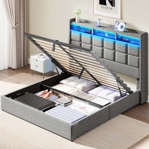 Driftalia Lift Up Full Size Bed Frame with Storage, Upholstered Full Bed Frame with LED Lights Headboard and Charging Station, No Box Spring Needed, Easy Assembly - Light Grey - Image 1