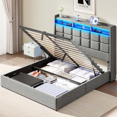 Driftalia Lift Up Full Size Bed Frame with Storage, Upholstered Full Bed Frame with LED Lights Headboard and Charging Station, No Box Spring Needed, Easy Assembly - Light Grey - Image 1