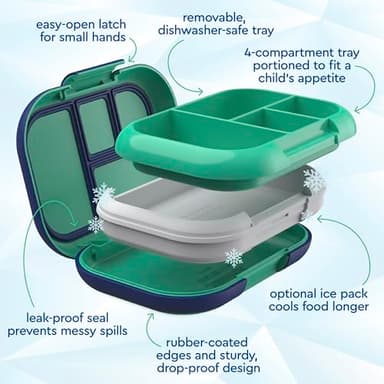 Bentgo Chill Kids Leak-Proof Lunch Box - 4-Compartment Bento Box with Built-In Ice Pack, 3.3 Cup Capacity, PFAS & BPA-Free, Microwave & Dishwasher Safe, Ideal Size for Ages 3 to 7 (Green/Navy) - Image 5