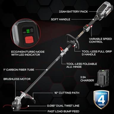 Cordless Weed Wacker, ENHULK 58V 16" String Trimmer - Carbon Fiber, 3-Speed Setting, Brushless Trimmer with EZ-HMI LED Control Panel, Fast Load Bump Feed, 2.5Ah Battery/Charger Included - Image 8