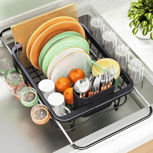 Expandable Dish Drying Rack Over The Sink, Adjustable Dish Rack in Sink, Rustproof Dish Drainer for Kitchen Counter, Dish Strainer with Utensil Holder, Standard Size - Image 1
