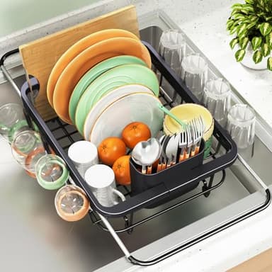 Expandable Dish Drying Rack Over The Sink, Adjustable Dish Rack in Sink, Rustproof Dish Drainer for Kitchen Counter, Dish Strainer with Utensil Holder, Standard Size - Image 1