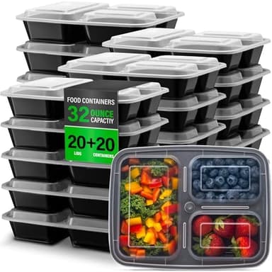 Ez Prepa [20 Pack] 32oz 3 Compartment Meal Prep Containers with Lids - Bento Box - Plastic - Stackable, Reusable, Microwaveable & Dishwasher Safe - Image 2