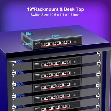 YuanLey 8-Port 10G Ethernet Switch, 8 x 10Gbps RJ45 Ports, Support 10G/5G/2.5G/1G/100Mbps Speed Auto-Negotiation, 160Gbps Switching Capacity, Unmanaged Switch Rackmountable, Plug and Play - Image 5