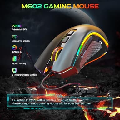 Redragon M602 Gaming Mouse, Ergonomic RGB Gaming Mouse Wired with 7200 Adjustable DPI, 9 Programmable Buttons, Professional Software for Gamer Office [Black] - Image 2