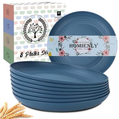 Homienly Dinner Plates Set - Alternative to Plastic, Wheat Straw - Set of 8, Lightweight, Microwave & Dishwasher Safe, Unbreakable Salad Plates (Blue, 10 inch) - Image 1